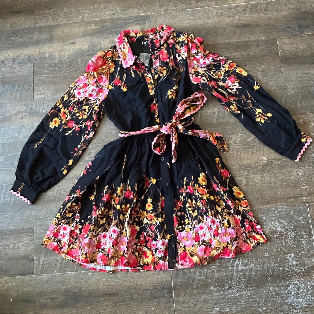Fate Floral‎ Waist Sash Mini Dress Black Pink Orange Ric-Rac Trim Womens Small